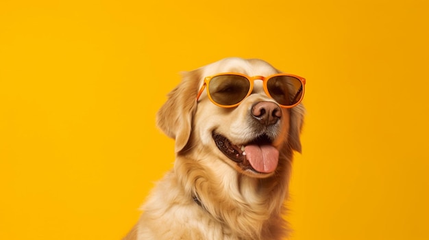 Un cane golden retriever con gli occhiali da sole siede dentro