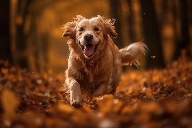 Un cane golden retriever corre attraverso le foglie nella foresta autunnale.