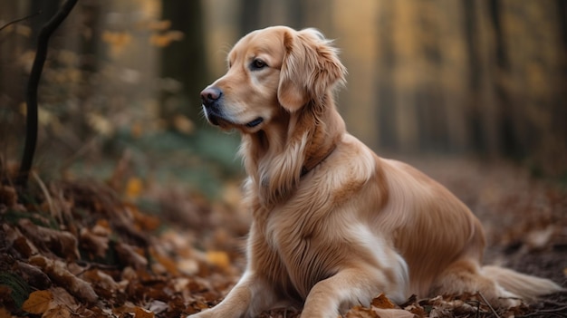 Un cane golden retriever giace sulle foglie nei boschi.