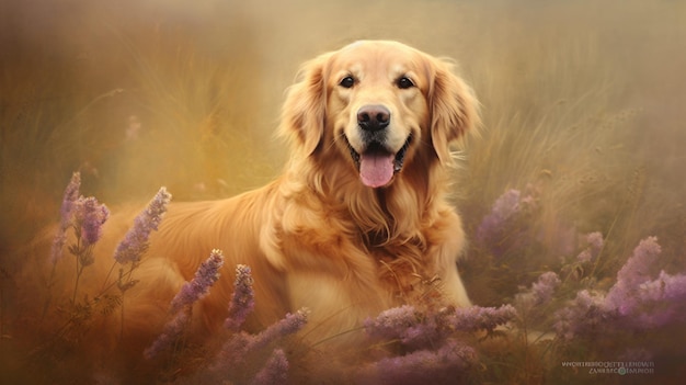 Un cane golden retriever in un campo di fiori viola