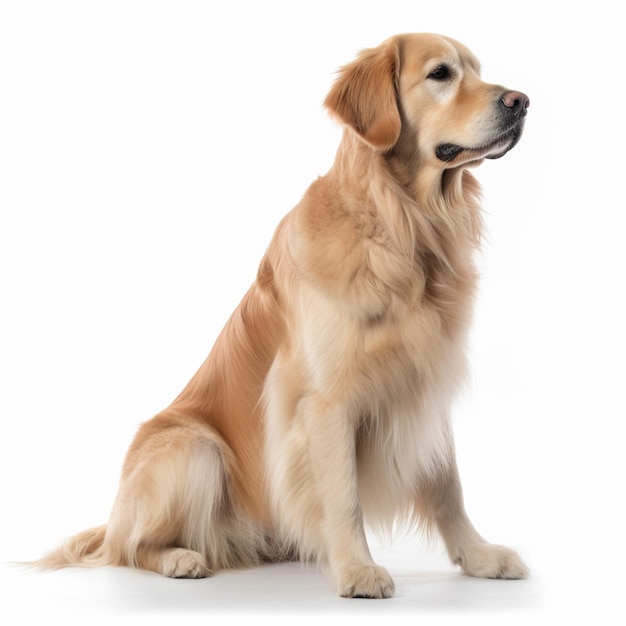 Un cane golden retriever si siede davanti a uno sfondo bianco.