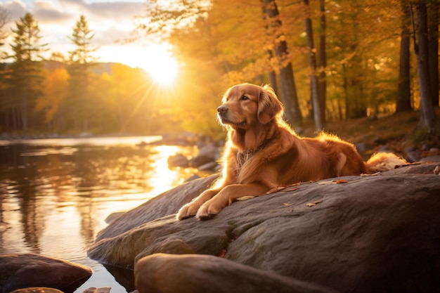 Un cane golden retriever si siede su una roccia vicino a un lago.