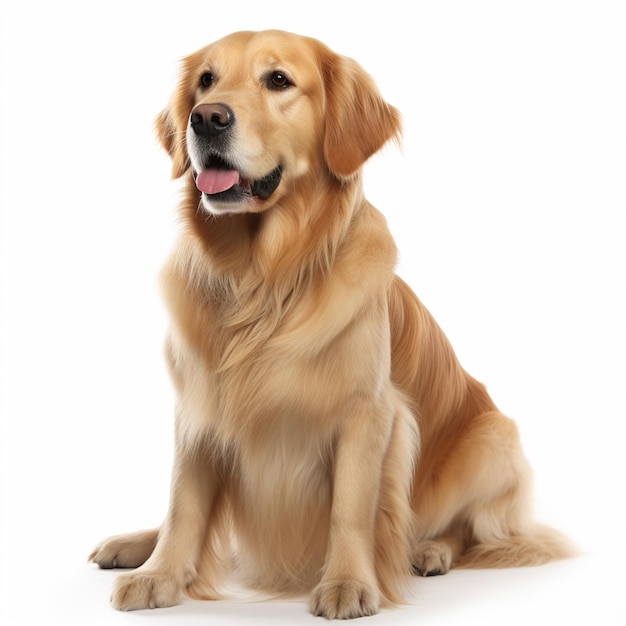 Un cane golden retriever si siede su uno sfondo bianco.
