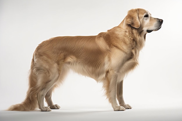 Un cane golden retriever si trova davanti a uno sfondo bianco.