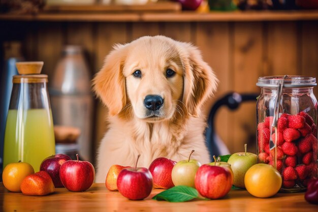 Un cane golden retriever siede dietro un tavolo con mele e altri frutti IA generativa