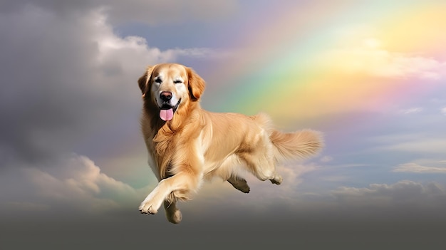 Un cane golden retriever sta volando nel cielo con un arcobaleno sullo sfondo.