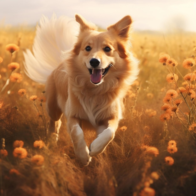 Un cane grazioso che salta attraverso un campo