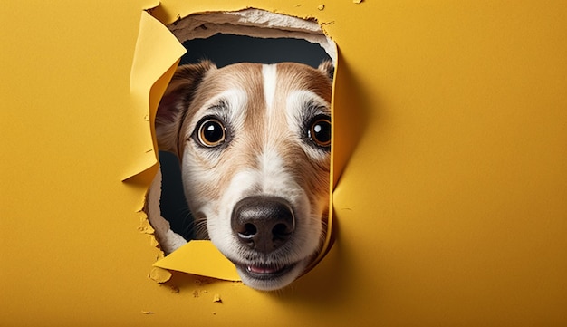 Un cane guarda attraverso un buco in un muro giallo.
