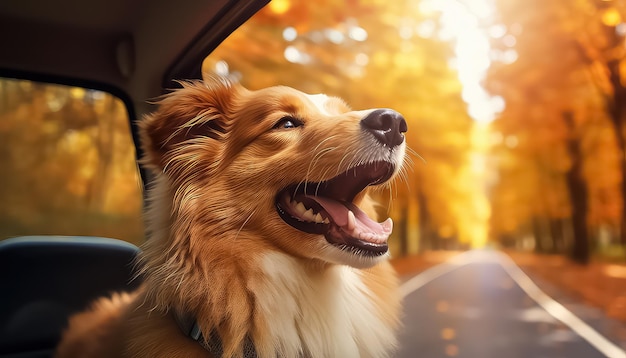Un cane guarda fuori dal finestrino di un'auto in una giornata autunnale
