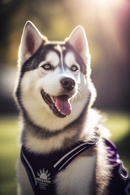 Un cane husky che indossa una maglia con sopra il nome husky.