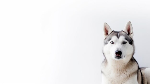 Un cane husky è in piedi davanti a un muro bianco.