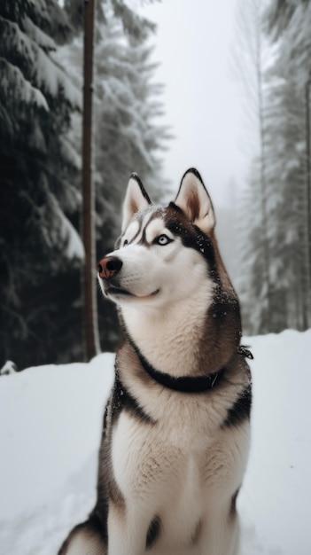 Un cane husky è seduto nella neve Immagine di intelligenza artificiale generativa