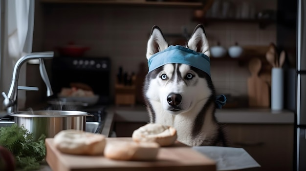 Un cane husky in cucina con una bandana in testa guarda un pezzo di pane.