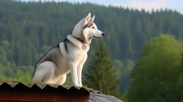 Un cane husky siede su un tetto con una foresta sullo sfondo