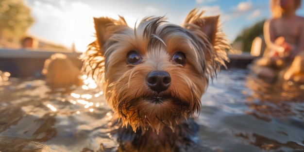 Un cane in acqua al tramonto