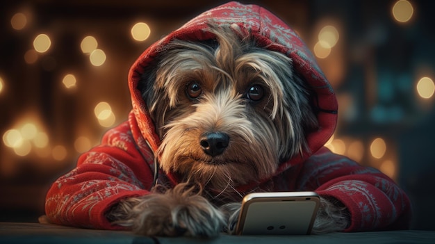 Un cane in maglione con un cellulare in mano