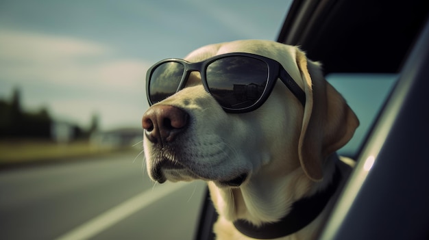 Un cane in occhiali da sole siede in una giornata di sole in auto IA generativa