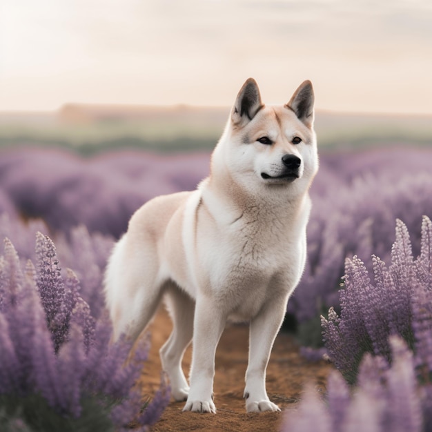 Un cane in piedi in un campo di lavanda con sopra la scritta "