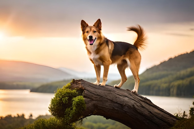 Un cane in piedi su un tronco di fronte a un lago