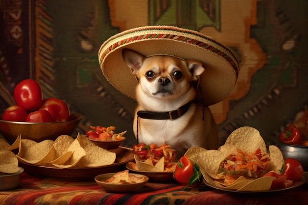 Un cane in sombrero a un tavolo con tacos di cibo messicano 1