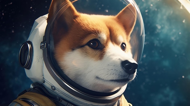 Un cane in tuta spaziale con casco e tuta spaziale.