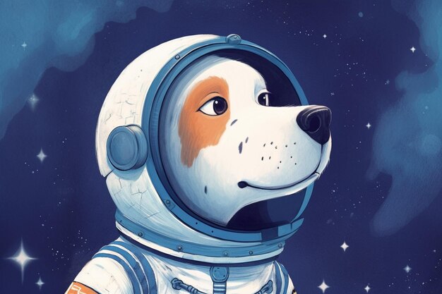 Un cane in tuta spaziale guarda le stelle.
