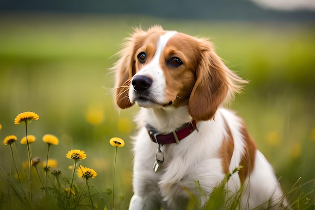 Un cane in un campo di denti di leone