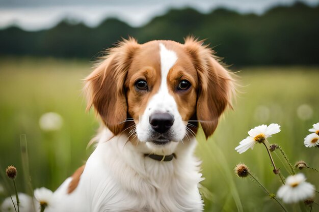 Un cane in un campo di fiori