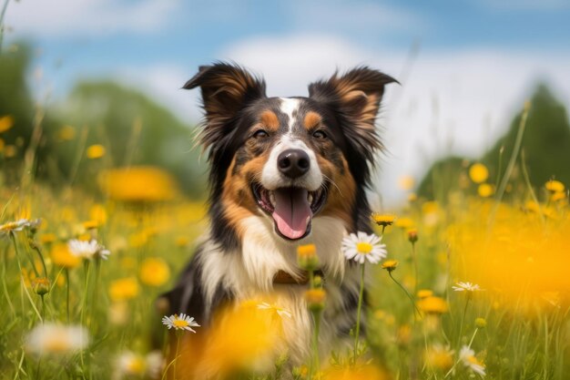 Un cane in un campo di fiori