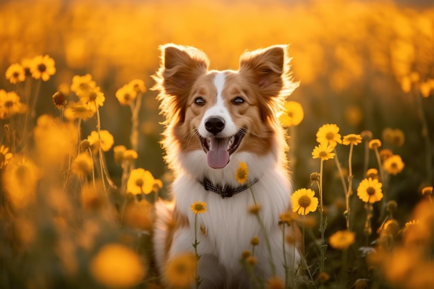 Un cane in un campo di fiori