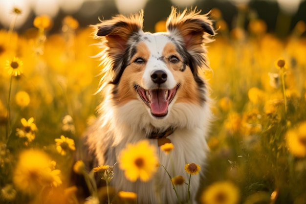 Un cane in un campo di fiori