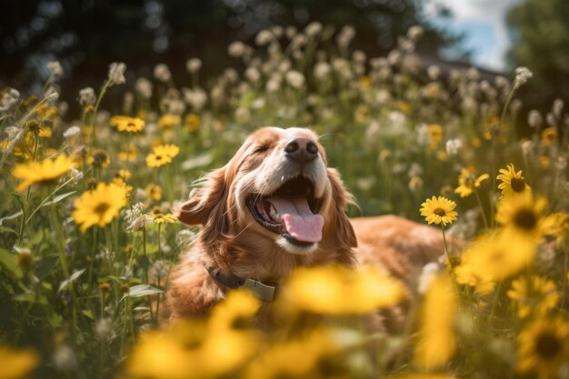 Un cane in un campo di fiori