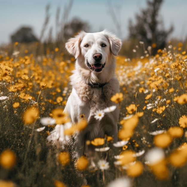 Un cane in un campo di fiori