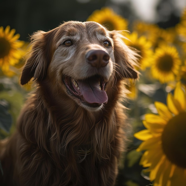 Un cane in un campo di girasoli con sopra la scritta golden.