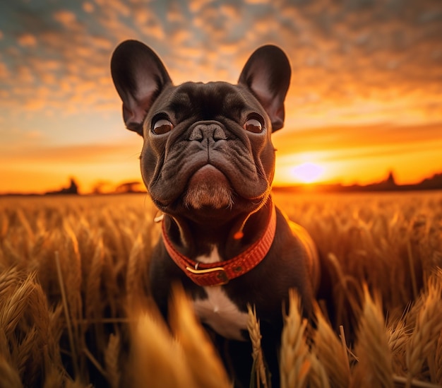 un cane in un campo di grano al tramonto