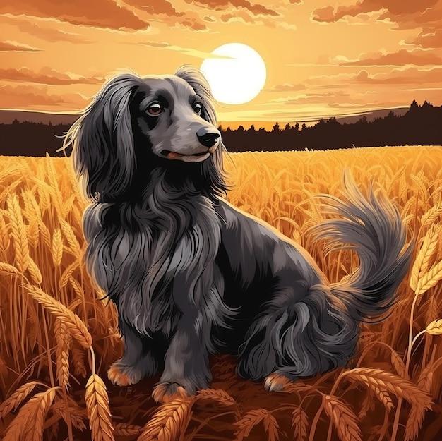 un cane in un campo di grano con la luna sullo sfondo.