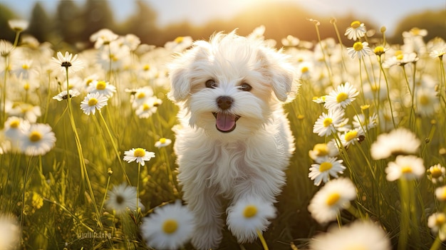 Un cane in un campo di margherite