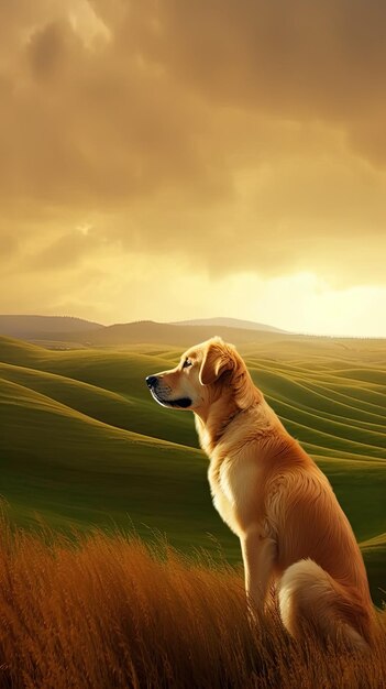 Un cane in un campo di verdi colline