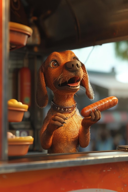 Un cane in un chiosco con cibo di strada mangia un hot dog 3D illustrazione