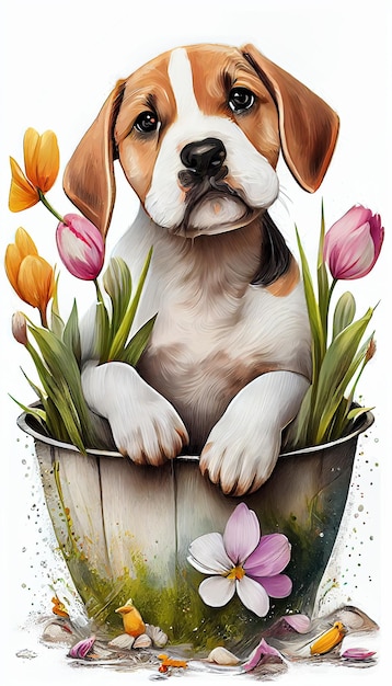 Un cane in un secchio con fiori e le parole buon compleanno.