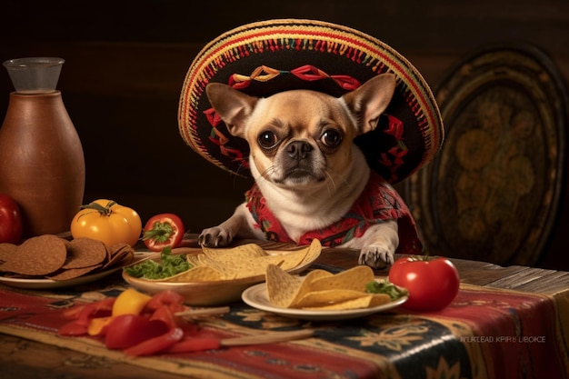 Un cane in un sombrero a un tavolo con cibo messicano