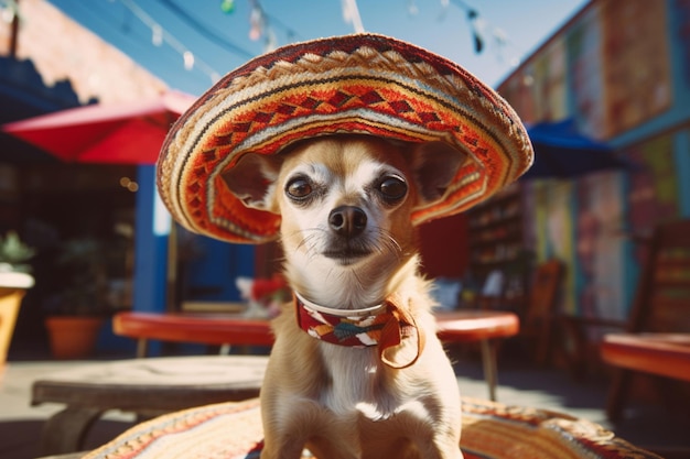 Un cane in un sombrero su una strada cittadina