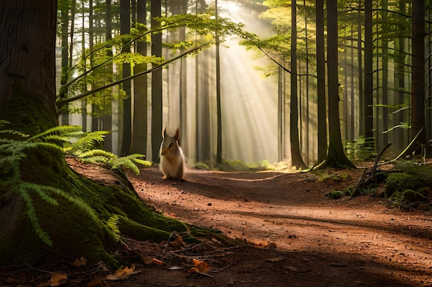 Un cane in una foresta con il sole che splende attraverso gli alberi