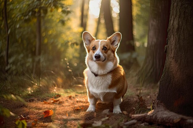 Un cane in una foresta con un albero sullo sfondo