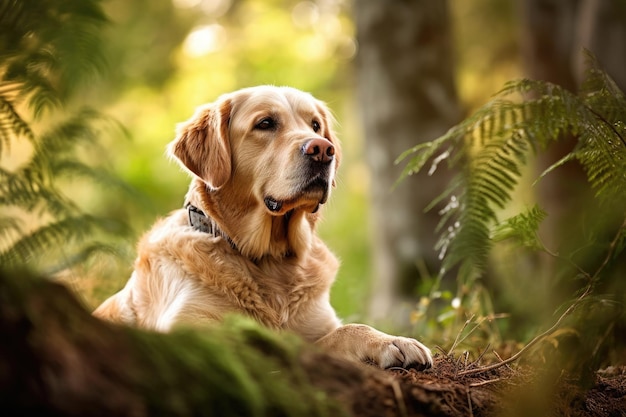 Un cane in una foresta con una felce sullo sfondo IA generativa