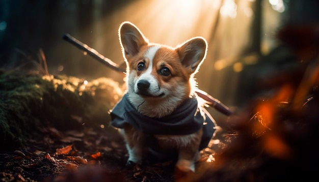 Un cane in una foresta con una sciarpa con su scritto "corgi".
