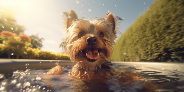 Un cane in una piscina con un cielo blu sullo sfondo