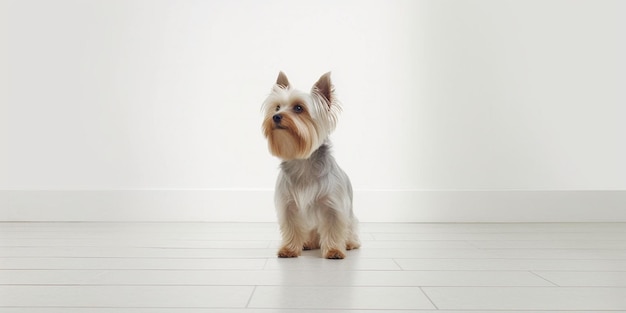 Un cane in una stanza bianca