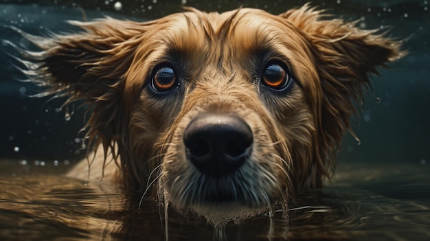 Un cane in uno stagno sta guardando nell'acqua.