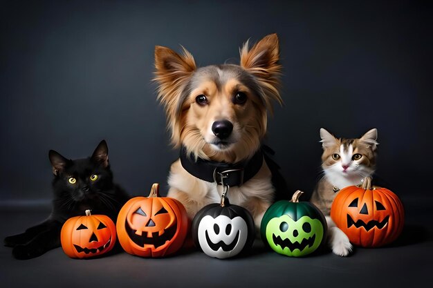 Un cane indossa un collare con sopra una zucca e un gatto indossa un collare nero con sopra la scritta "happy halloween".